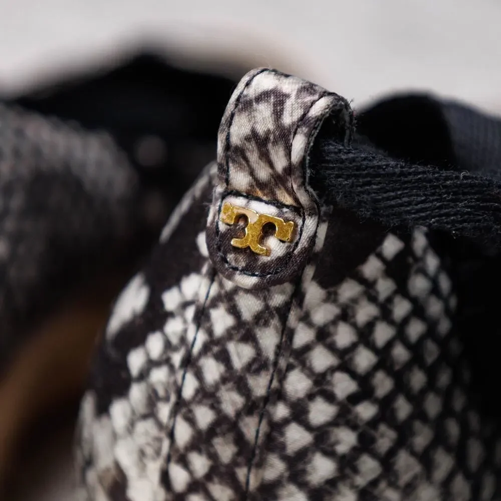 Tory Burch Heather Black Snakeprint Ankle Wrap Satin Wedges Espadrilles Womens 7